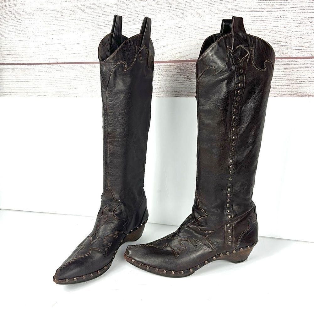 Materia Prima By Goffredo Fantini Western Brown Leather Studded Boots 37 US 6,5